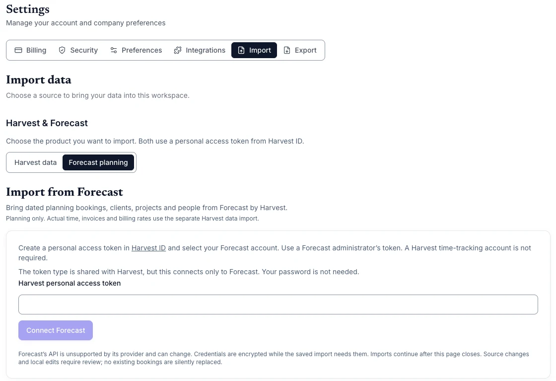 Import settings with separate Harvest data and Forecast planning choices, with Forecast planning selected