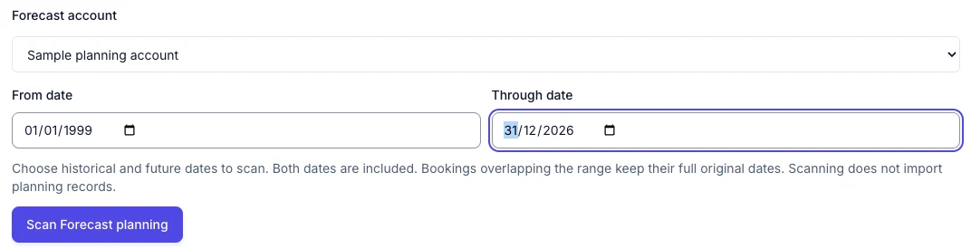 Sample planning account selected with historical From date and future Through date before scanning