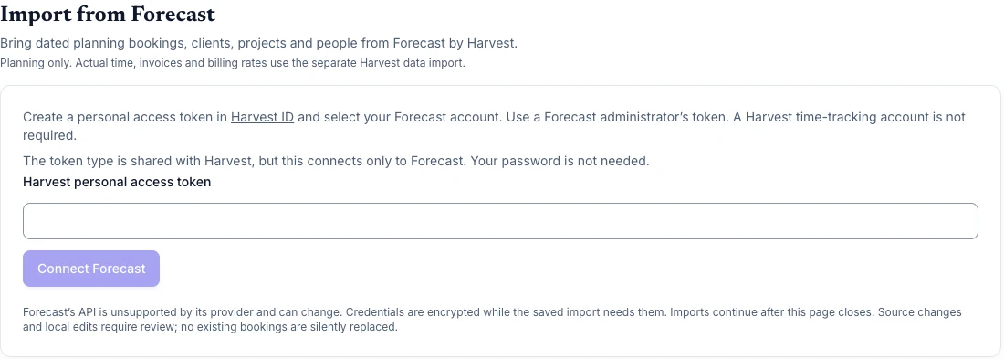 Forecast setup with an empty personal access token field and the Connect Forecast button