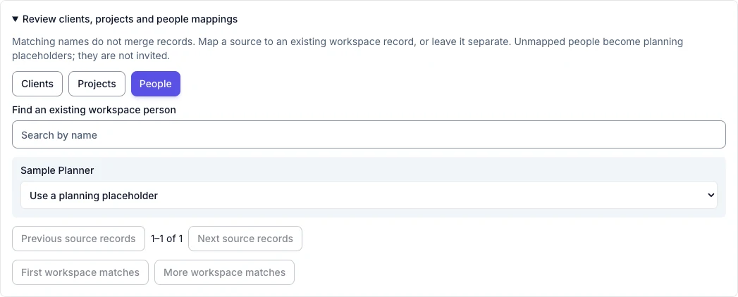 The fictional Sample Planner left as a planning placeholder in Forecast people mappings