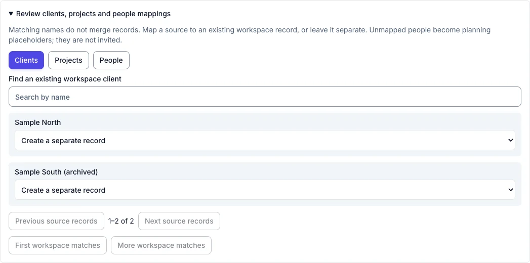 Expanded Forecast client mappings showing separate-record choices for Sample North and archived Sample South
