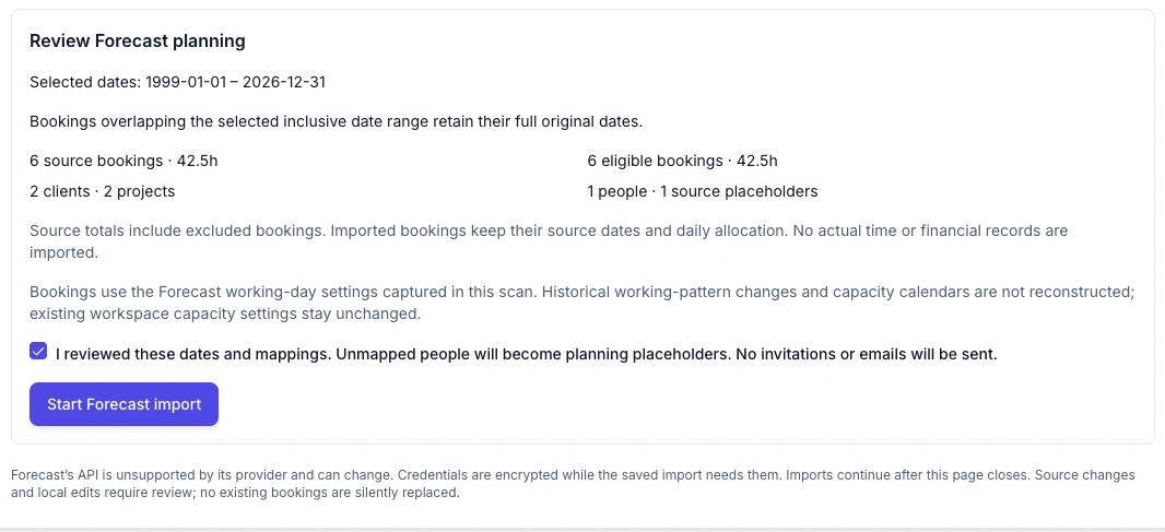 Forecast review showing selected dates, source and eligible booking counts, captured calendar limits, and the review acknowledgment