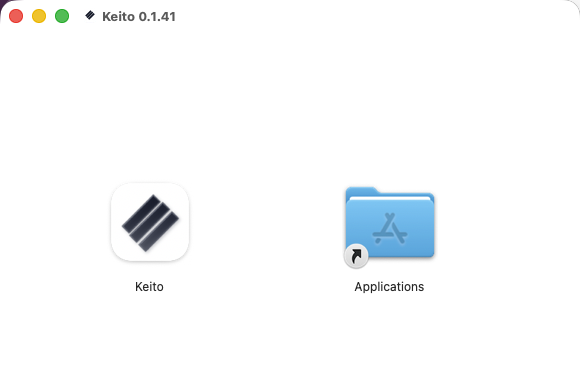 The Keito disk image showing the Keito app beside an Applications folder shortcut.