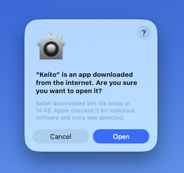 The macOS security confirmation for Keito, with Cancel and Open buttons.