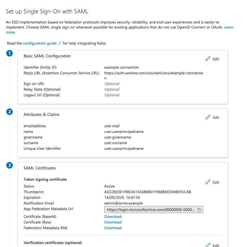 Microsoft Entra Basic SAML Configuration with the WorkOS Entity ID and ACS URL