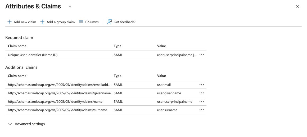 Microsoft Entra SAML attributes and claims configured for Keito