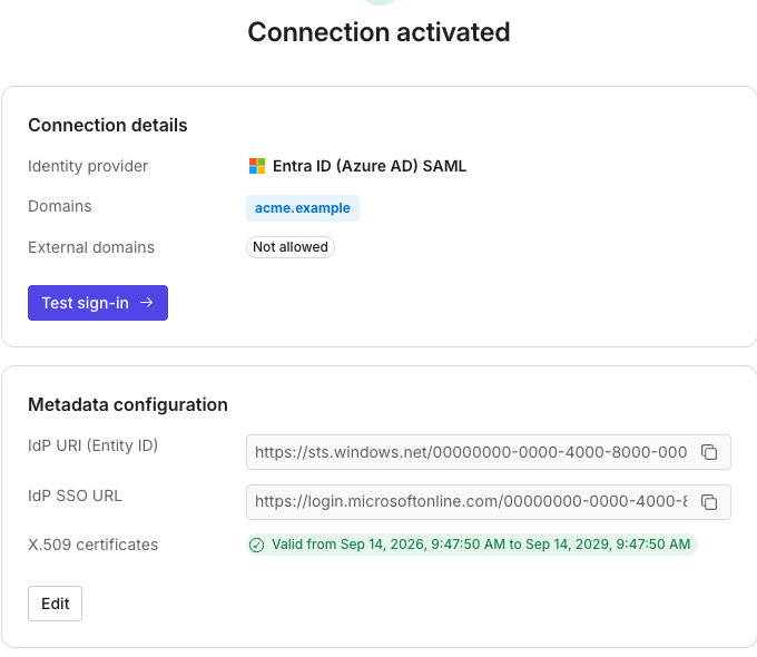 WorkOS setup showing an activated Microsoft Entra SAML connection