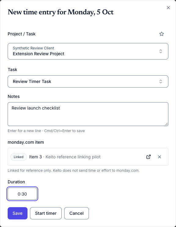 Keito time-entry form with a monday.com item selected, its mapped Keito project and task, and a Linked status