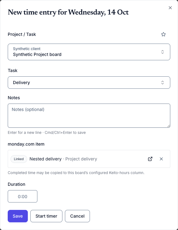 A monday.com item linked inside a Keito time entry with the mapped project and task selected.