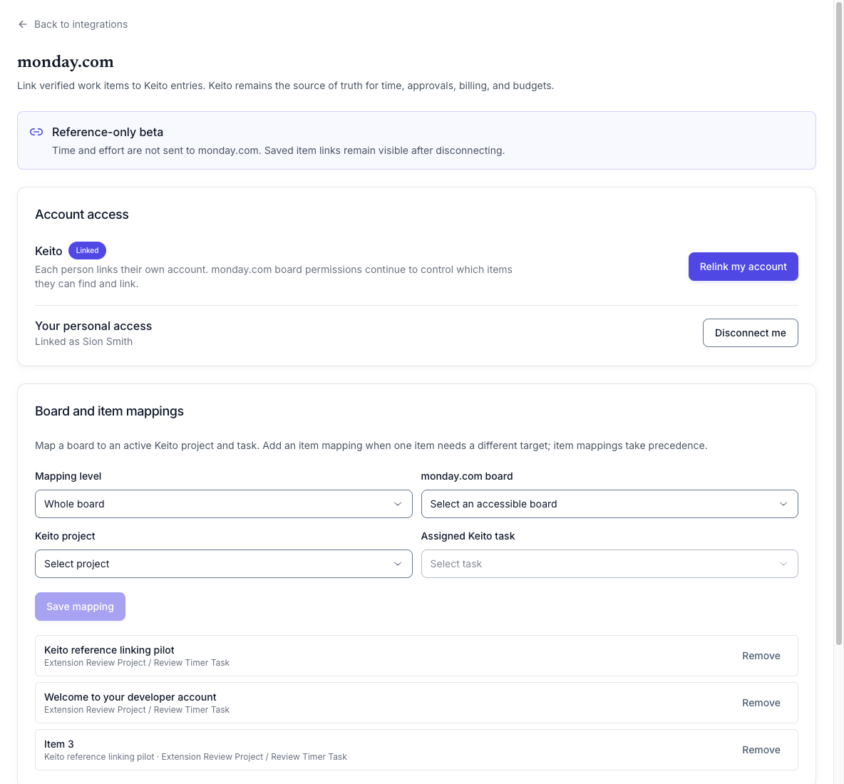 Keito monday.com settings showing the company connection, personal access, a read-only reference notice, a board mapping, and an exact item override