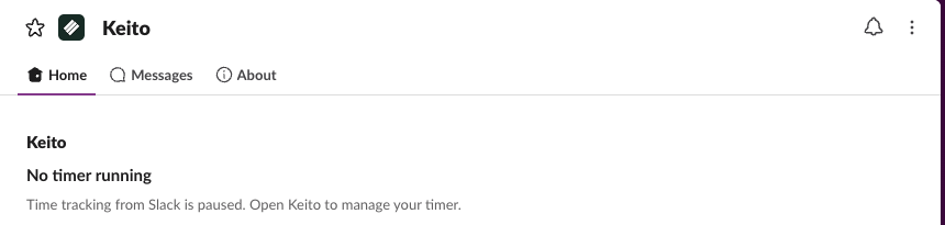 Keito App Home in Slack showing no running timer while the beta mutation switch is paused
