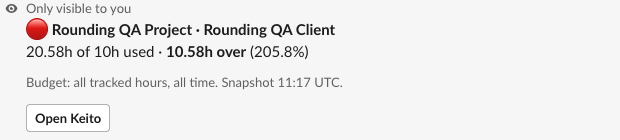 Private hourly budget summary in Slack for a synthetic project, including hours used, overage, and snapshot time