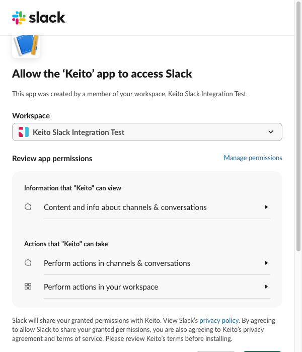 Slack consent screen for Keito in a demonstration workspace, showing the requested channel and workspace permissions