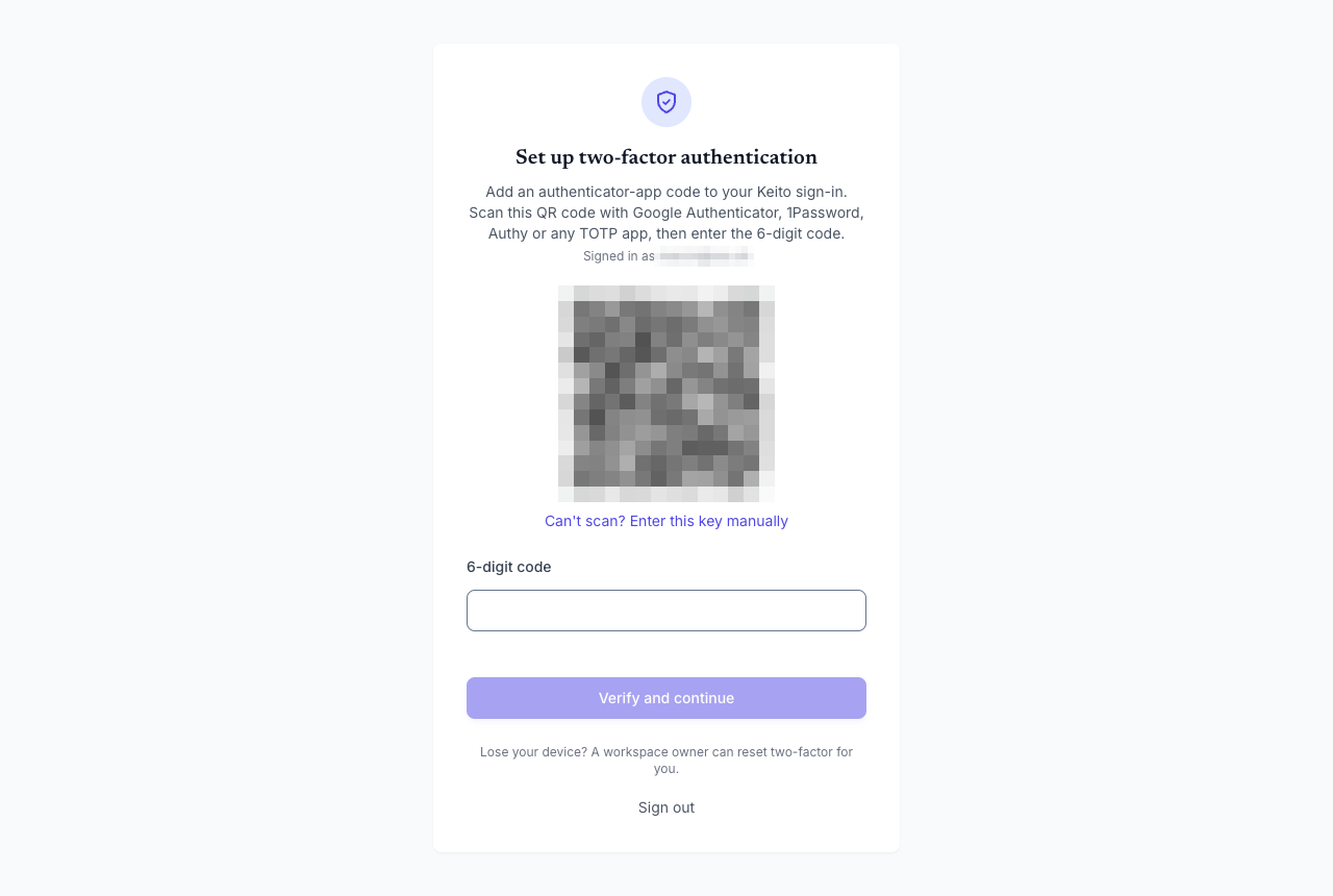 The Set up two-factor authentication page with a QR code to scan and a field for the 6-digit code