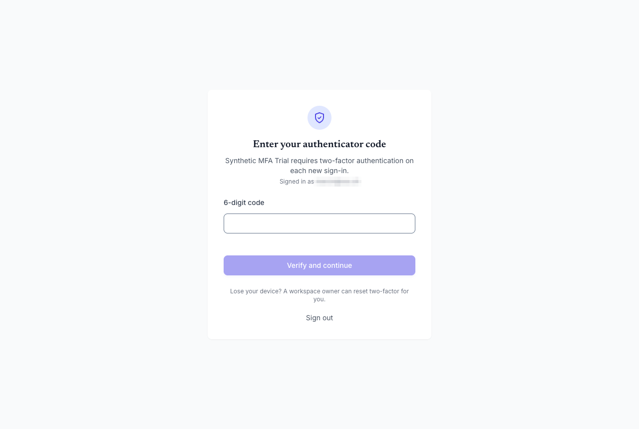 The Enter your authenticator code page shown after signing in to a workspace that requires two-factor