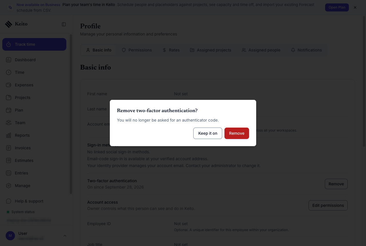 Confirmation dialog before removing two-factor authentication from your own account