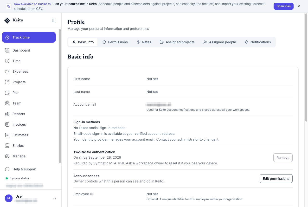 The Two-factor authentication row on the Keito Profile page showing On since a date, with Set up and Remove actions
