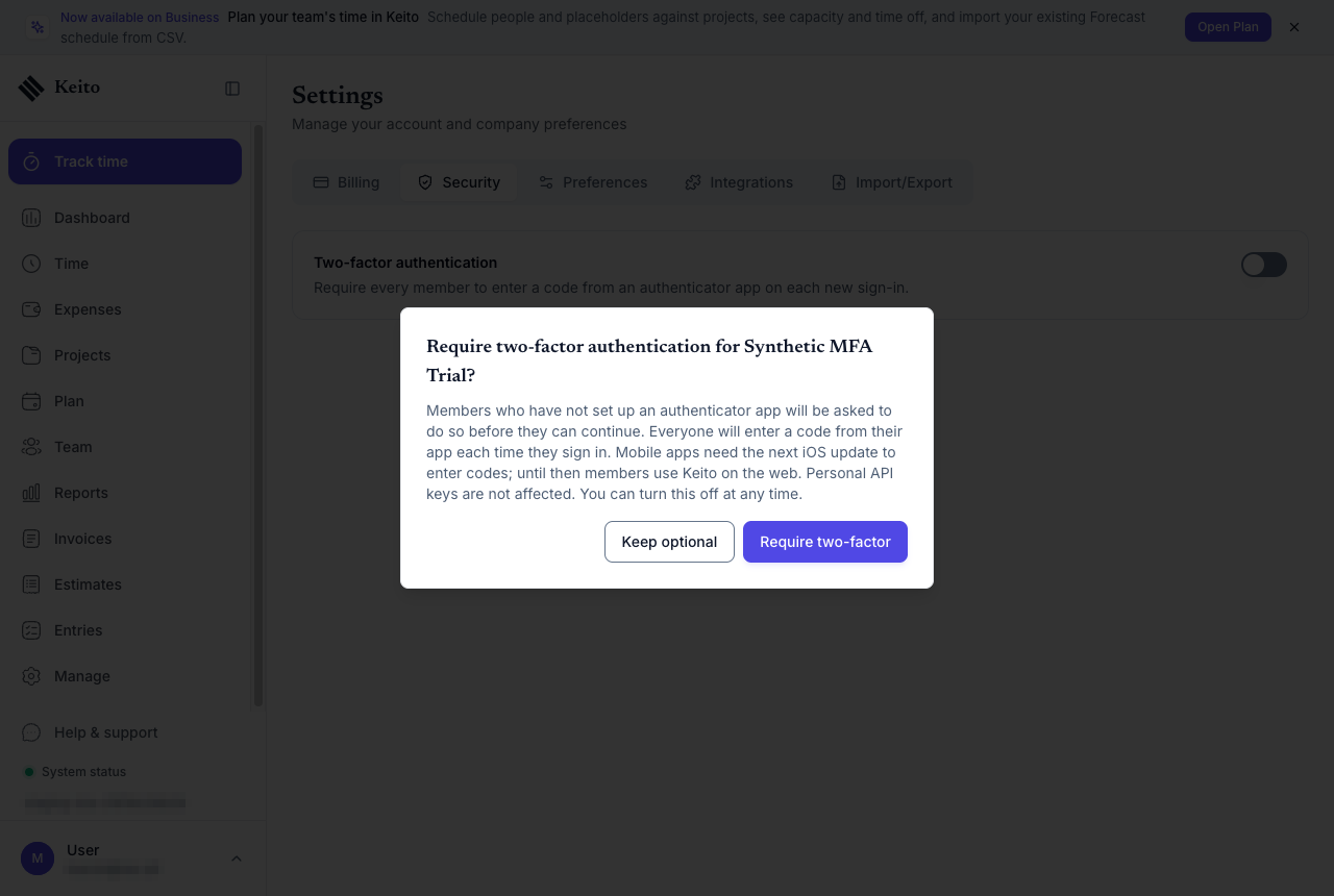 Confirmation dialog asking whether to require two-factor authentication for the workspace