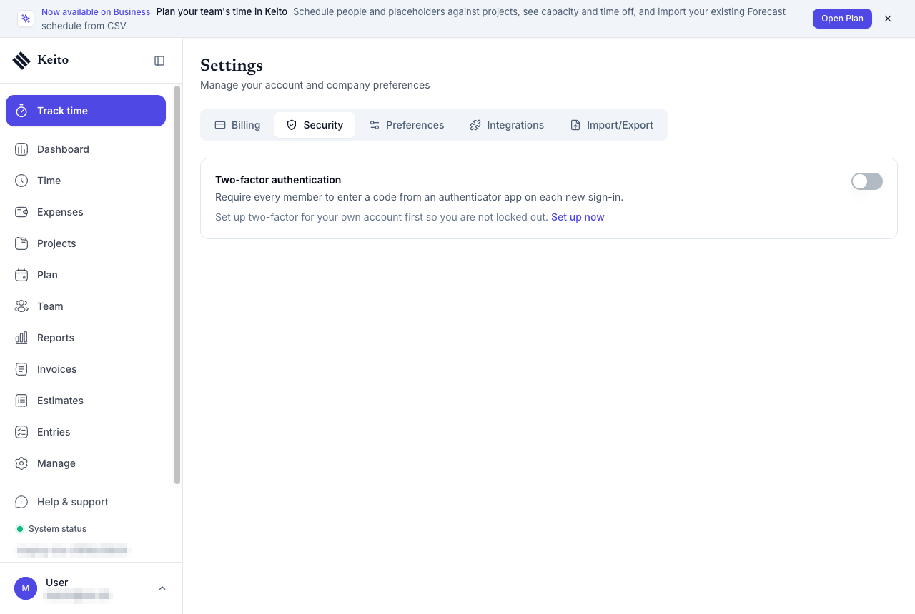 The Two-factor authentication card in Keito Security settings before the Owner has set up their own authenticator, showing the Set up now link