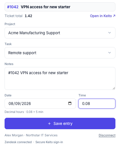Keito in a Zendesk ticket with a decimal duration of 0.08 and the Save entry action