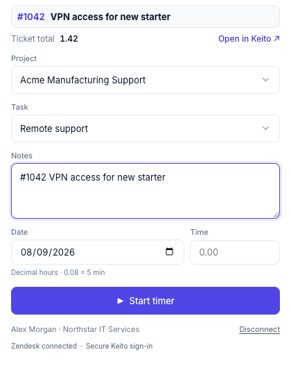 Keito in a Zendesk ticket with sample project, task, notes, date, ticket total and an empty timer field